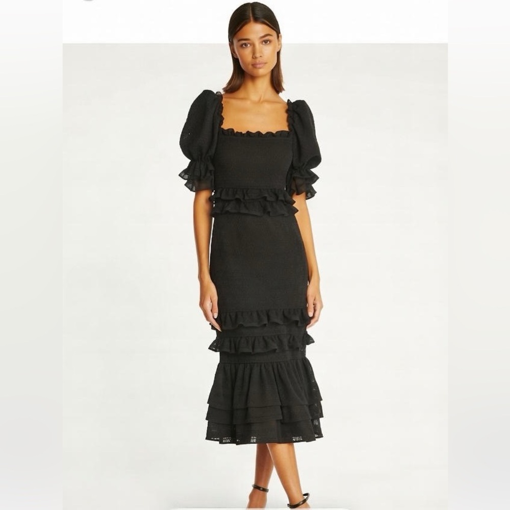 Rachel Parcell Jaquard Smocked Midi Black Dress size Large Anthropologie
